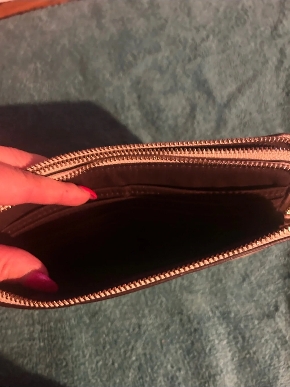 Coach Tan Signature Zip Wristlet with Logo Print